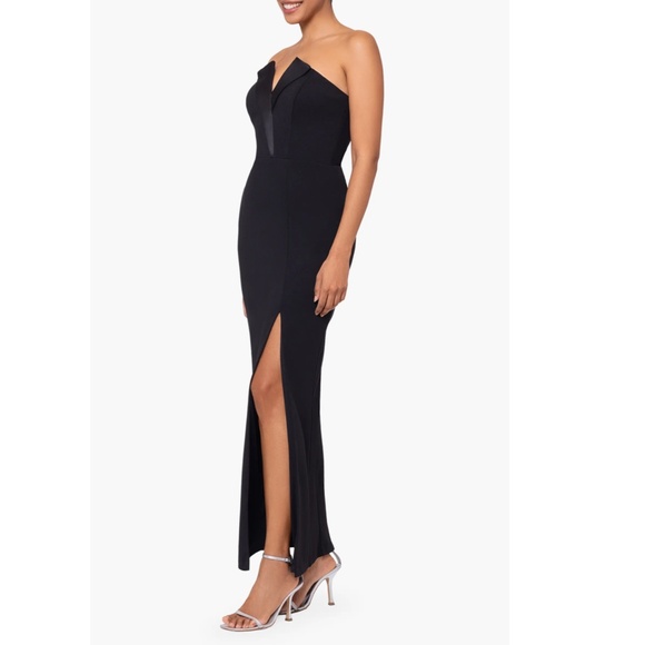 NEW BETSY & ADAM Black STRETCH CREPE Tux Detail STRAPLESS Lapel COLUMN GOWN 10 - Picture 15 of 16